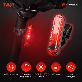 Иконка картинка товара   comiron фонарь задний ta11 50lm; аккум: 330mah, usb; 4 реж,  